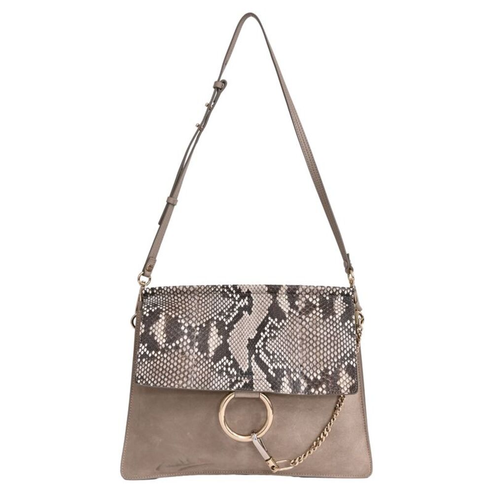 Chloé Faye Snakeskin Shoulder Bag in Beige Suede
